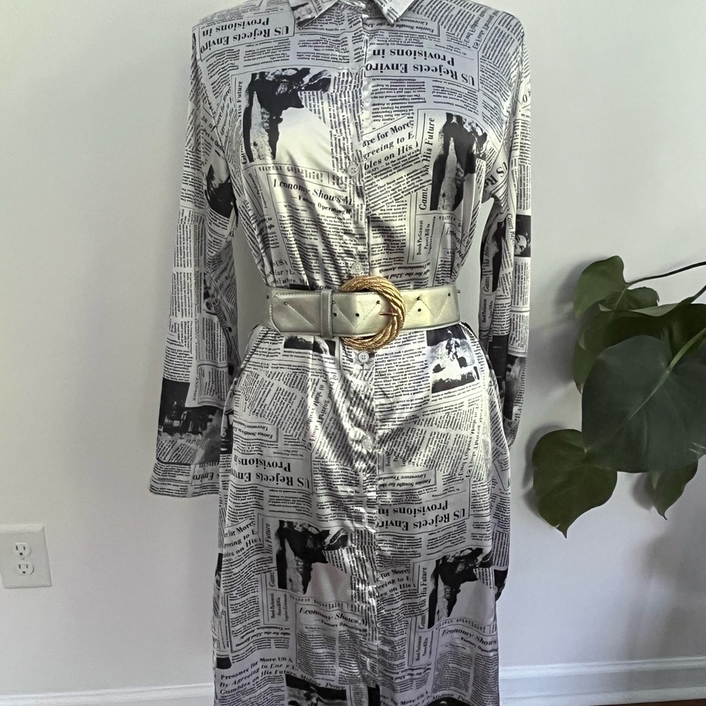 Black & white newspaper print midi dress with button-up front and long sleeves